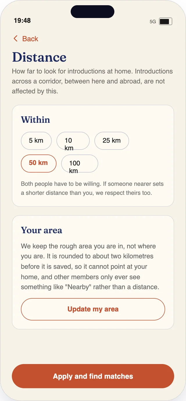 The Imani distance screen, where a member sets how far to look for introductions, with location kept rough for privacy