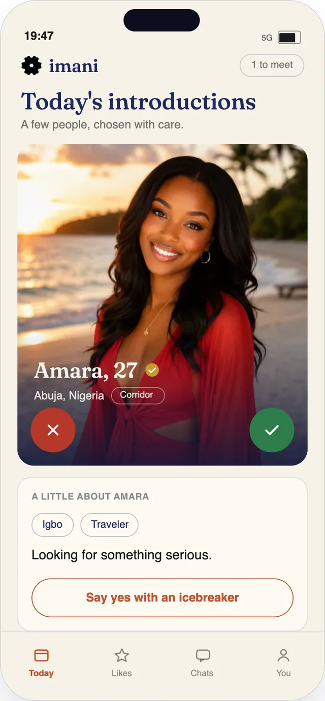 The Imani home screen showing a daily introduction: Amara, 27, in Abuja, Nigeria